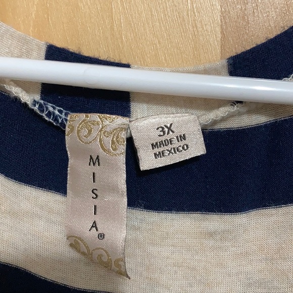 Misia High-low Tunic Top Horizontal & Vertical Stripes Navy Blue Tan long length - Picture 3 of 5